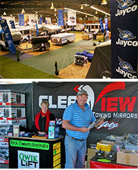 The Jayco Exhibition Centre Hall offered a spacious display of many popular Jayco models (top), while exhibitors such as RV Towing Solutions did a brisk trade in accessories (above).